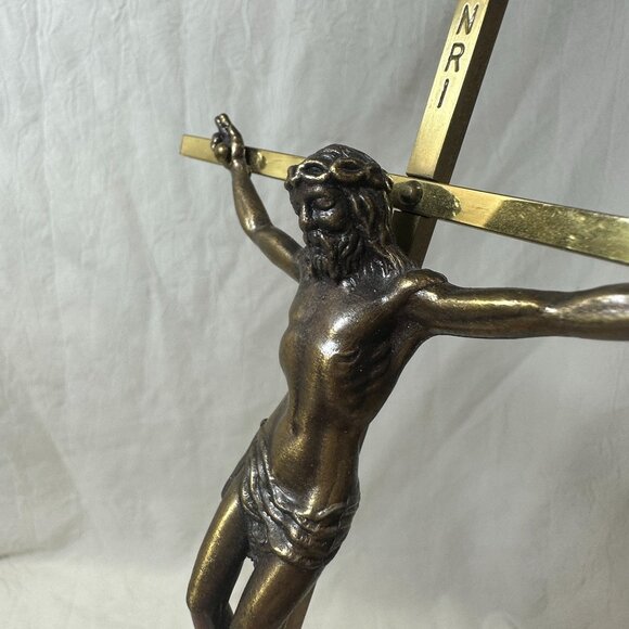 Vintage Brass Wall Crucifix Religious Jesus On Cross 10" INRI Inscription - Picture 6 of 6